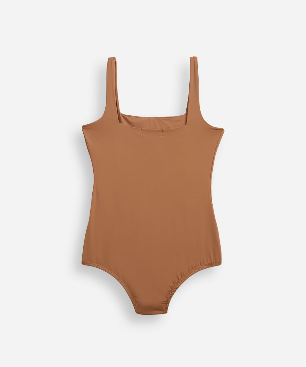 body infantil de poliamida decote quadrado marrom