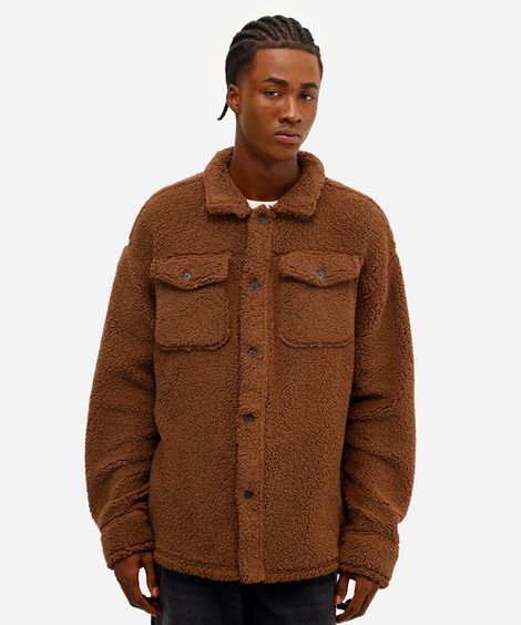 jaqueta masculina de sherpa com bolsos marrom