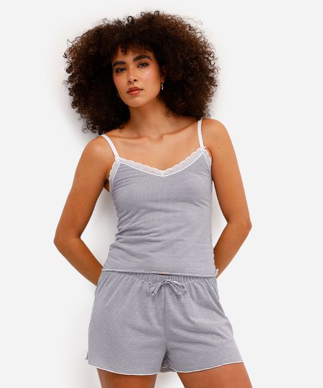 pijama short doll feminino com renda listrado azul