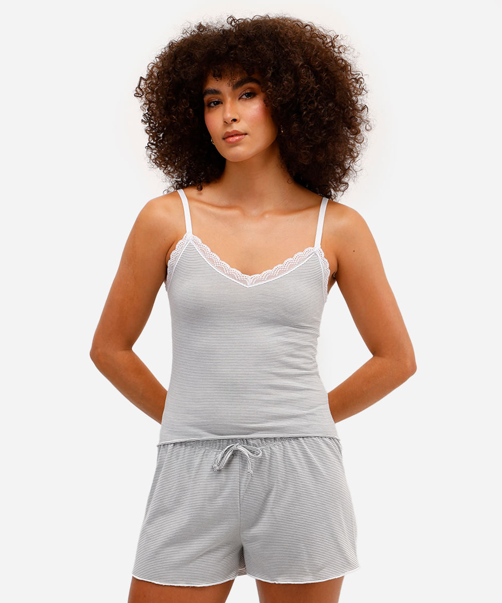 pijama short doll feminino com renda listrado cinza