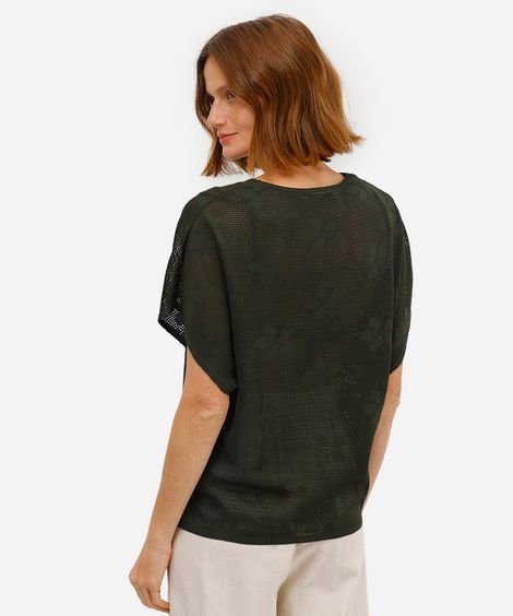blusa feminina de tricot decote v floral verde