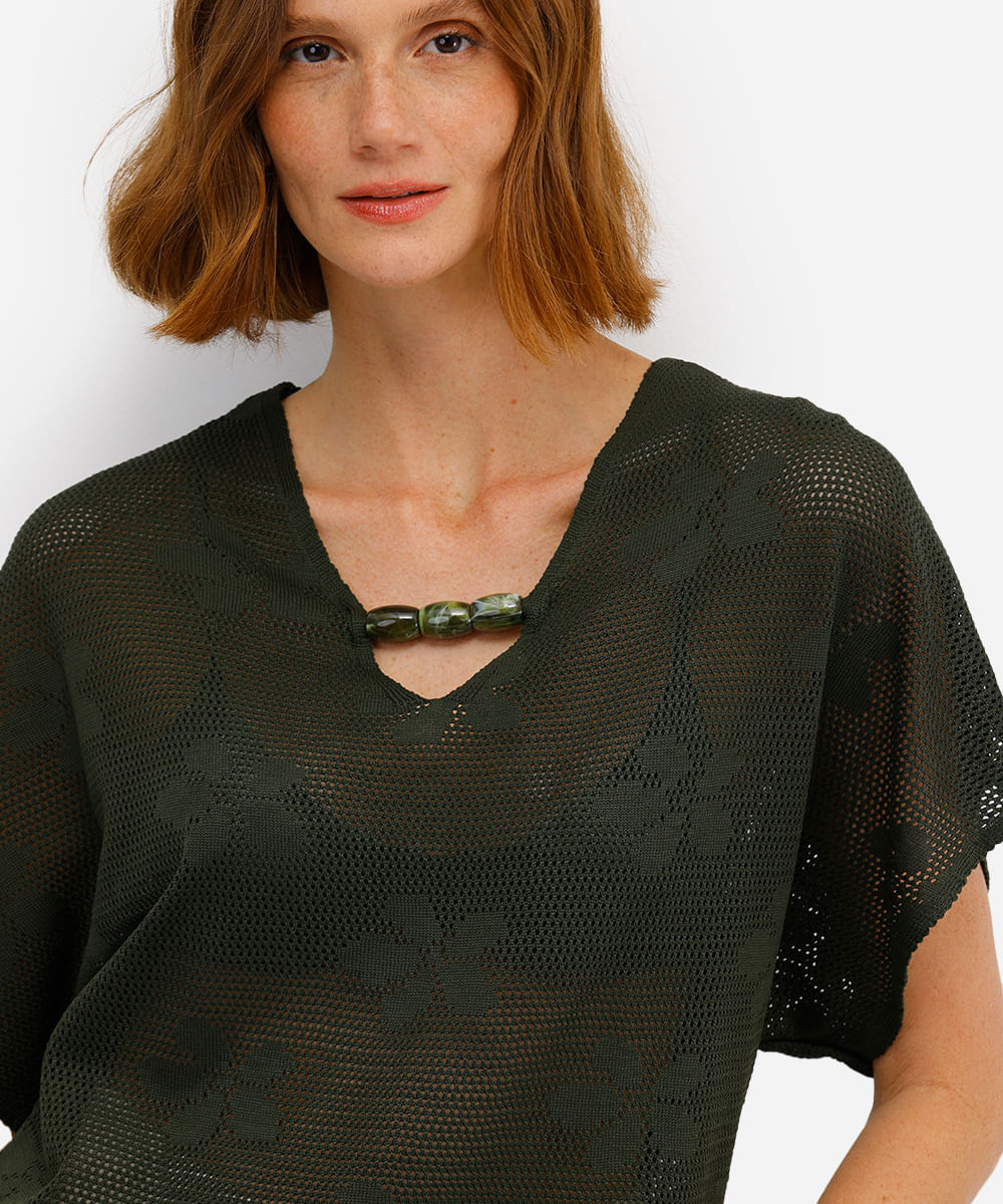 blusa feminina de tricot decote v floral verde