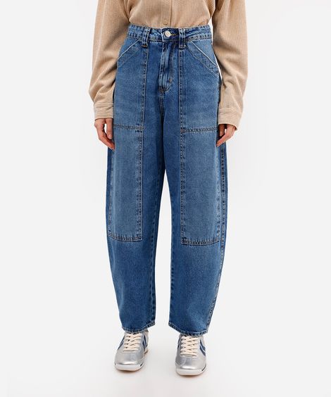 calça balloon feminina jeans cintura alta azul