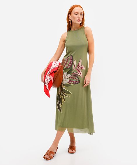 vestido midi feminino de tule floral verde