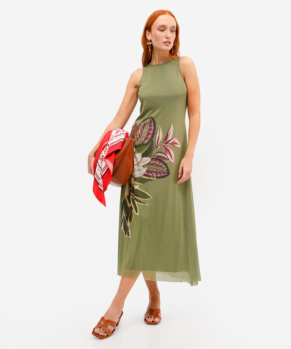 vestido midi feminino de tule floral verde