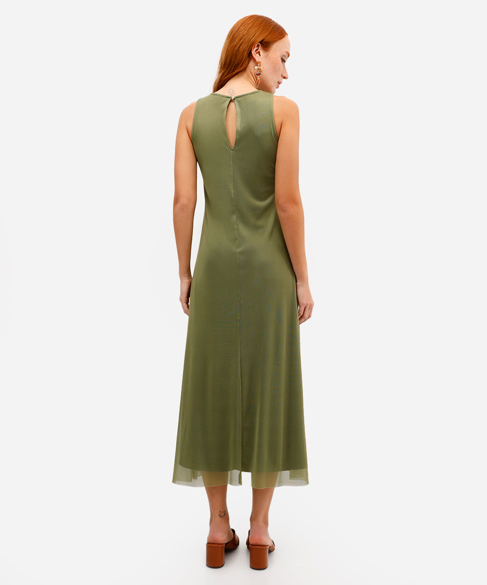 vestido midi feminino de tule floral verde