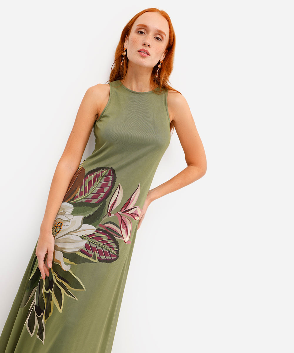 vestido midi feminino de tule floral verde