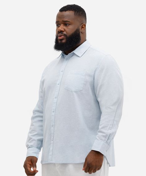 camisa com linho plus size comfort manga longa azul