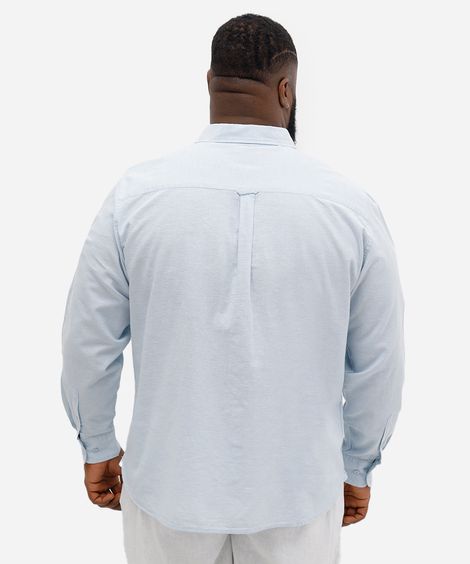 camisa com linho plus size comfort manga longa azul