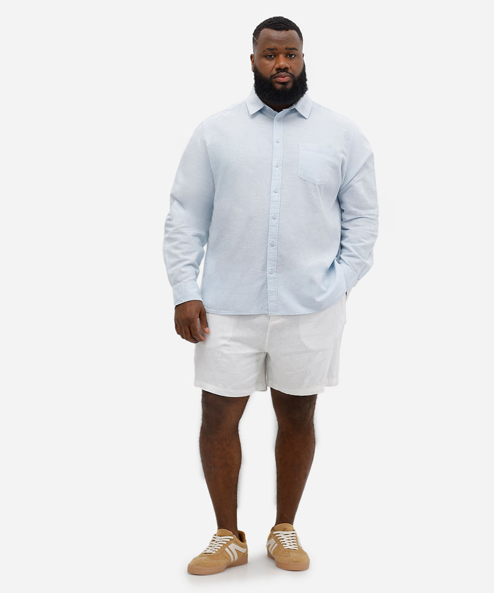 camisa com linho plus size comfort manga longa azul