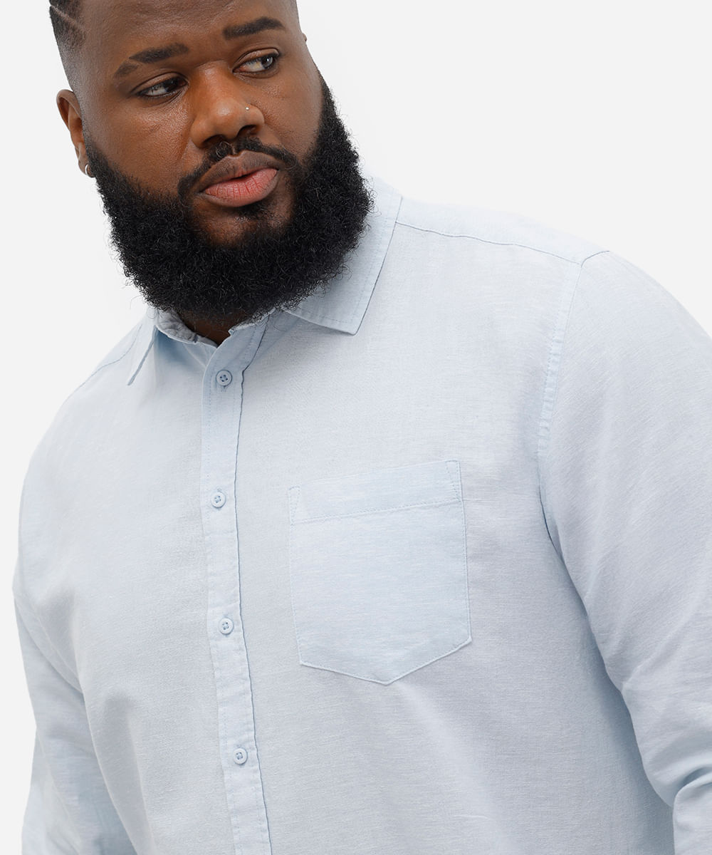 camisa com linho plus size comfort manga longa azul