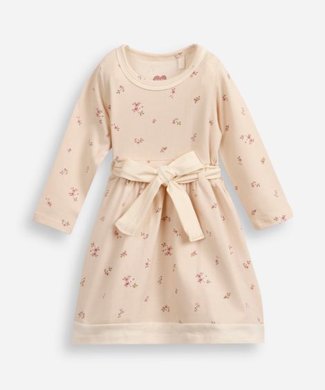 vestido infantil de algodão manga longa com faixa floral bege