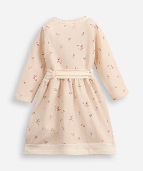 vestido infantil de algodão manga longa com faixa floral bege