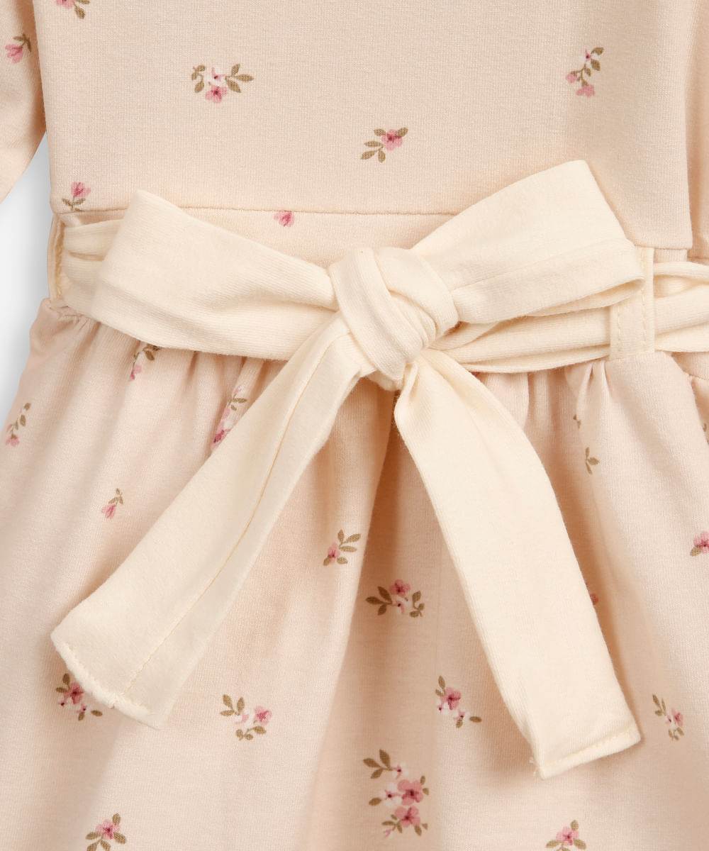 vestido infantil de algodão manga longa com faixa floral bege