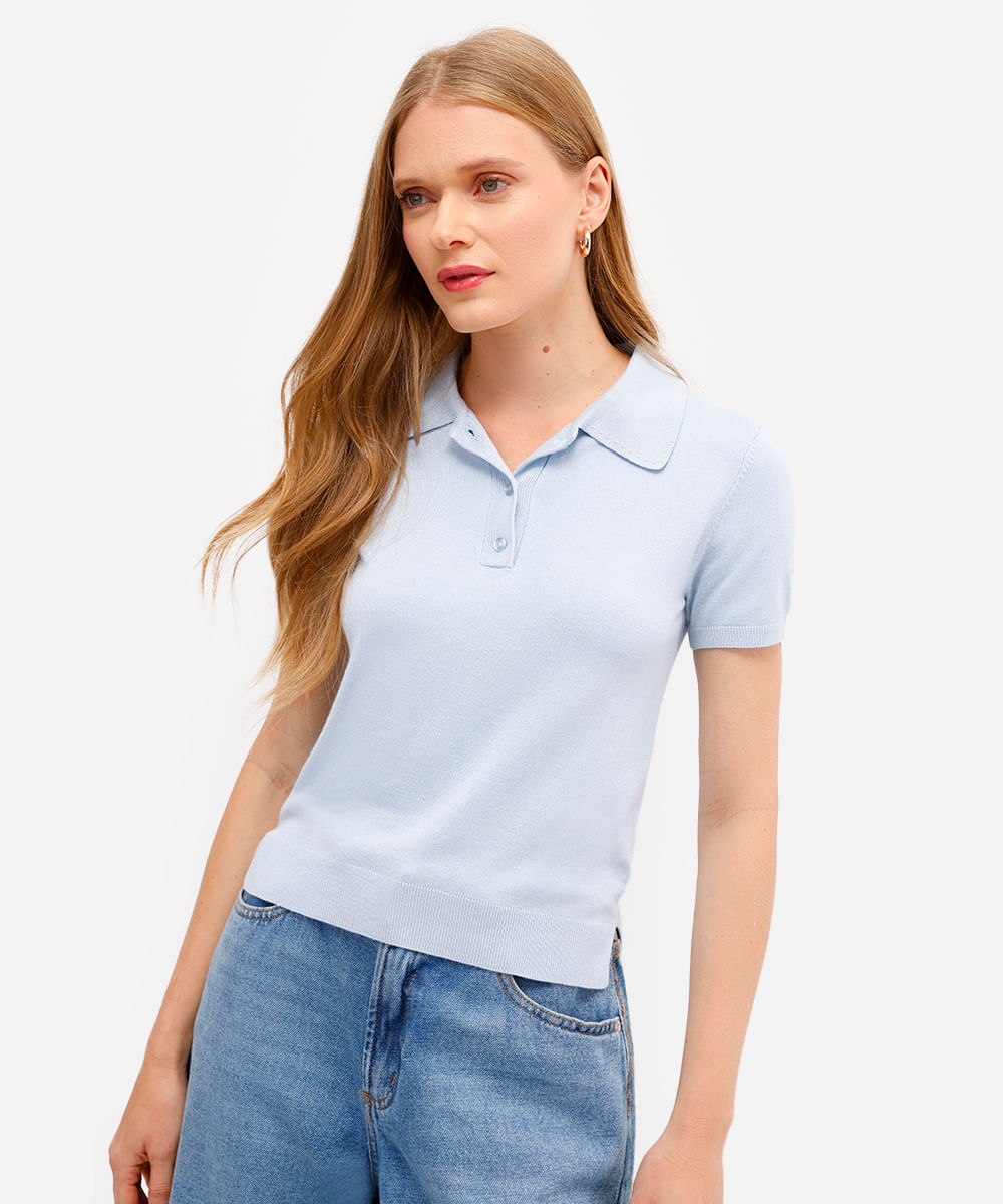 polo feminina de tricot manga curta azul