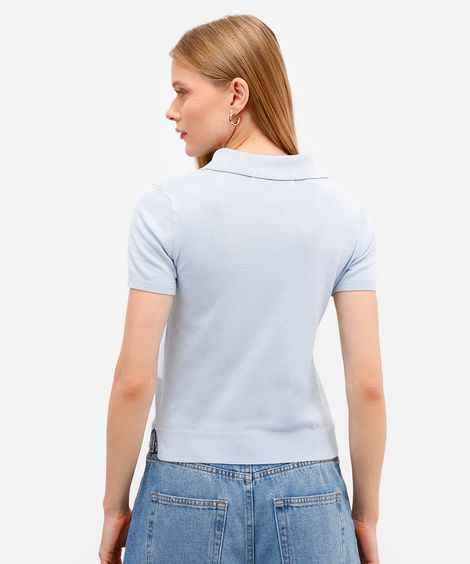 polo feminina de tricot manga curta azul
