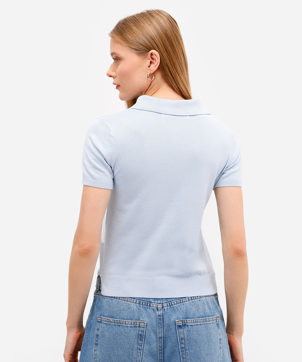 polo feminina de tricot manga curta azul