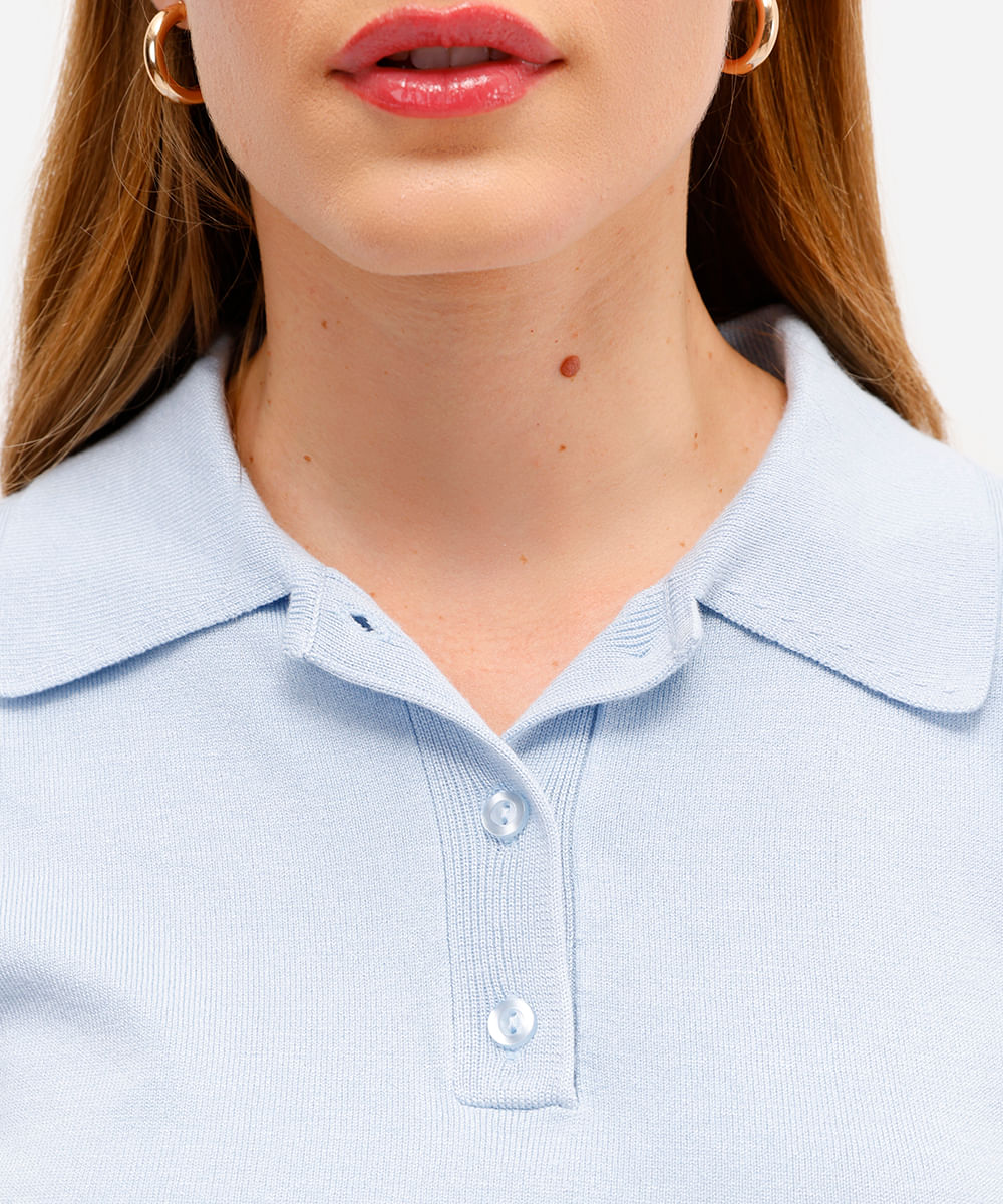 polo feminina de tricot manga curta azul