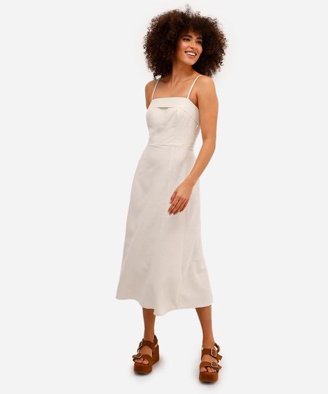 vestido midi feminino com linho e recortes - natural