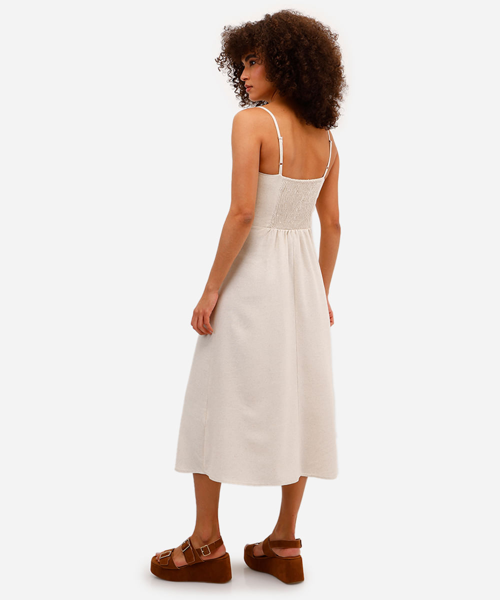 vestido midi feminino com linho e recortes - natural