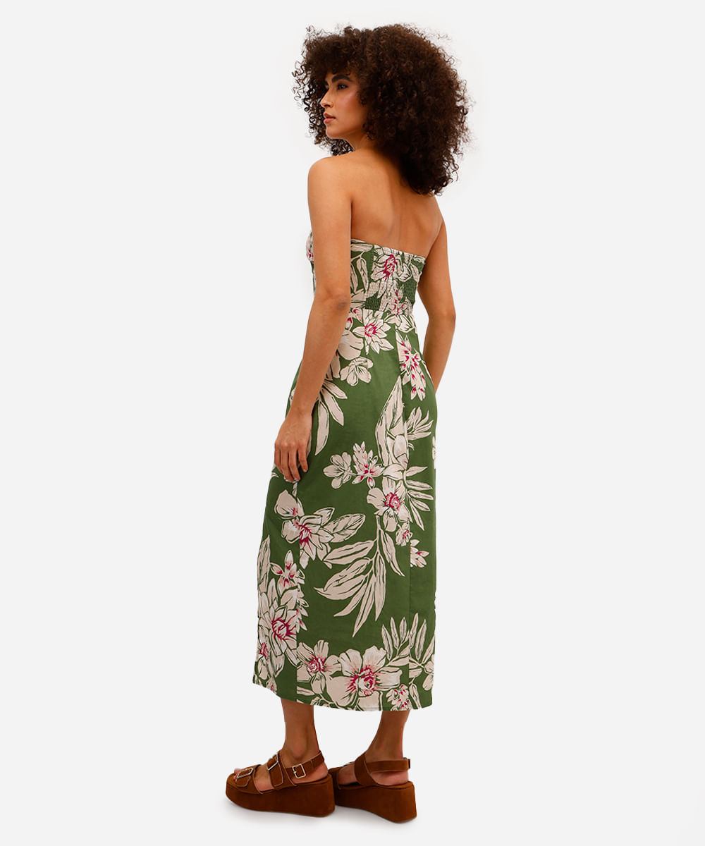 vestido midi de algodão sem alça floral verde
