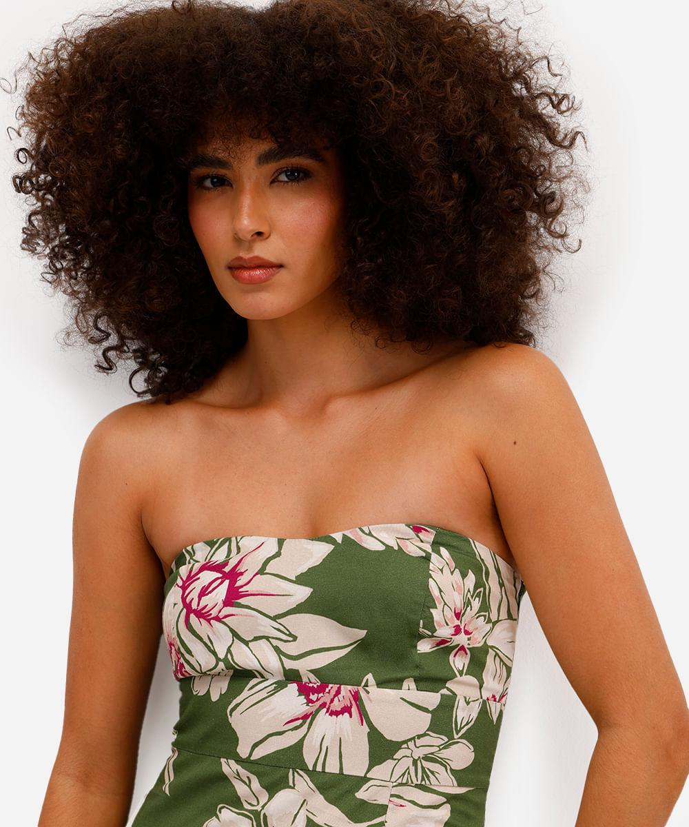 vestido midi de algodão sem alça floral verde