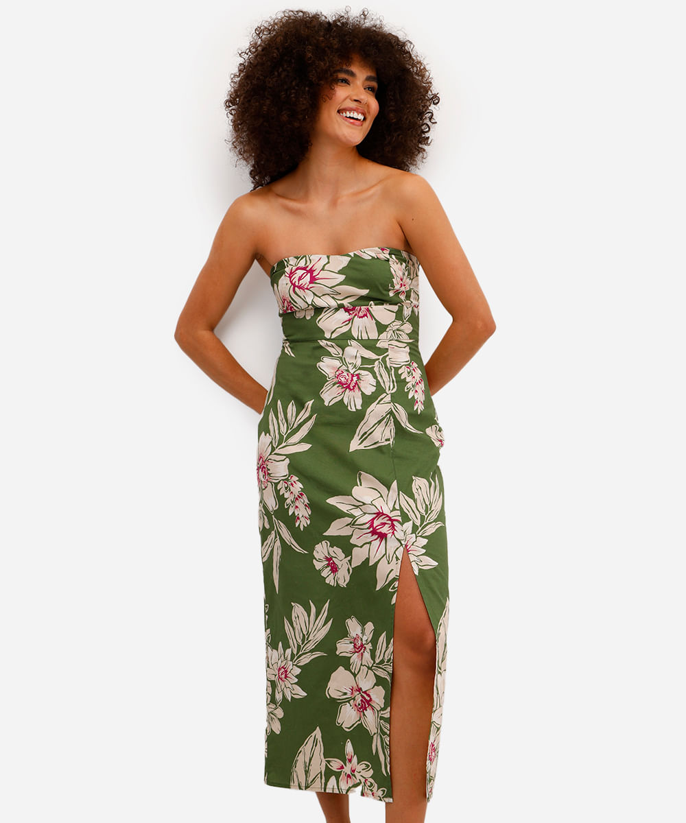 vestido midi de algodão sem alça floral verde