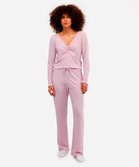 pijama feminino canelado manga longa lilás