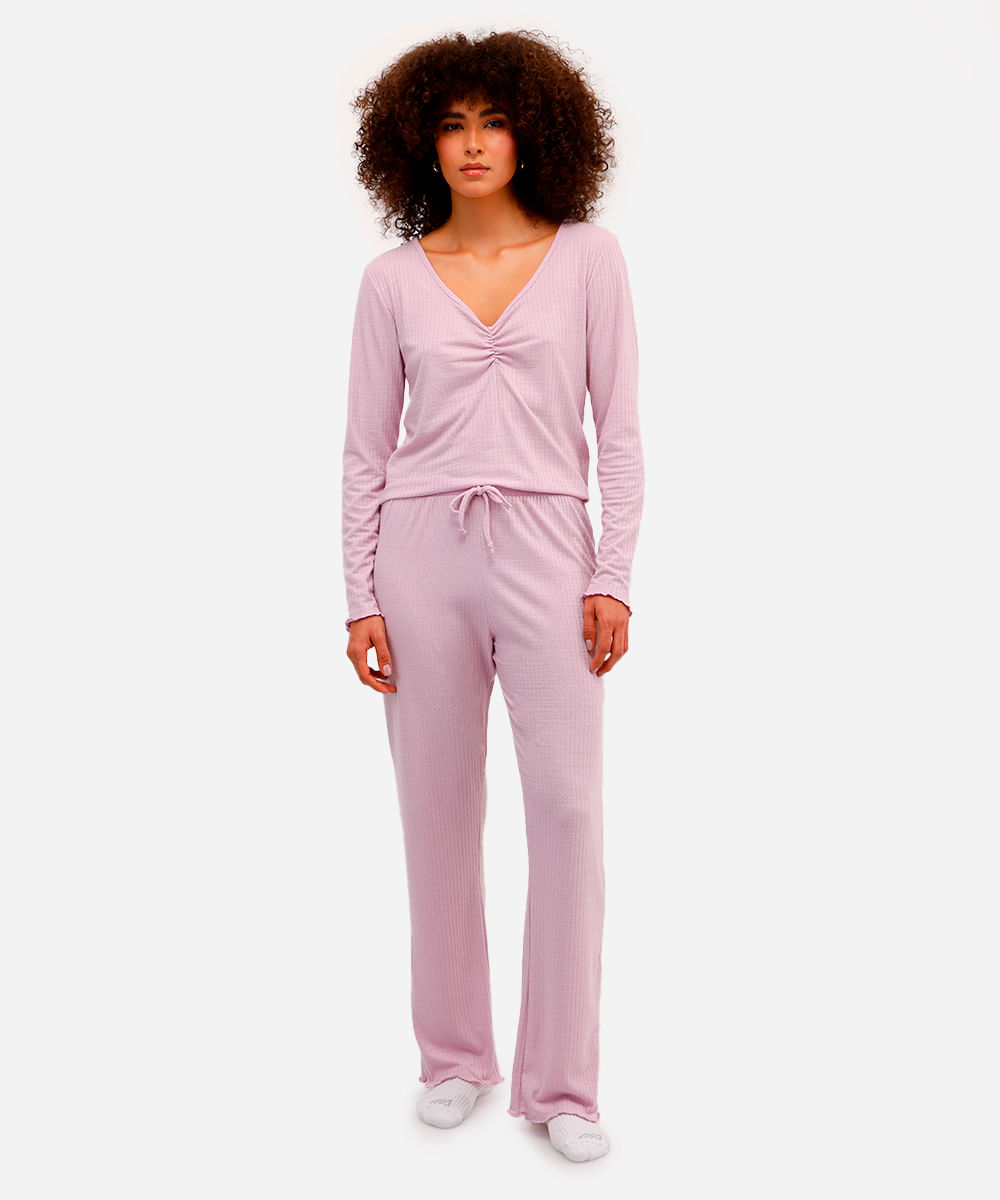 pijama feminino canelado manga longa lilás