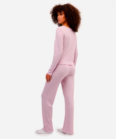 pijama feminino canelado manga longa lilás