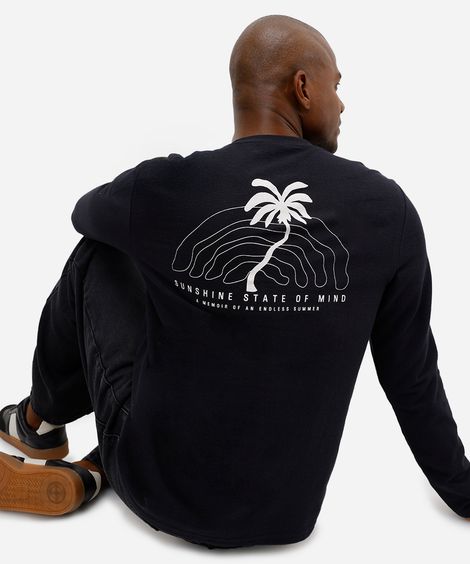 camiseta masculina de algodão texturizada estampada preta
