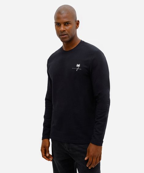 camiseta masculina de algodão texturizada estampada preta