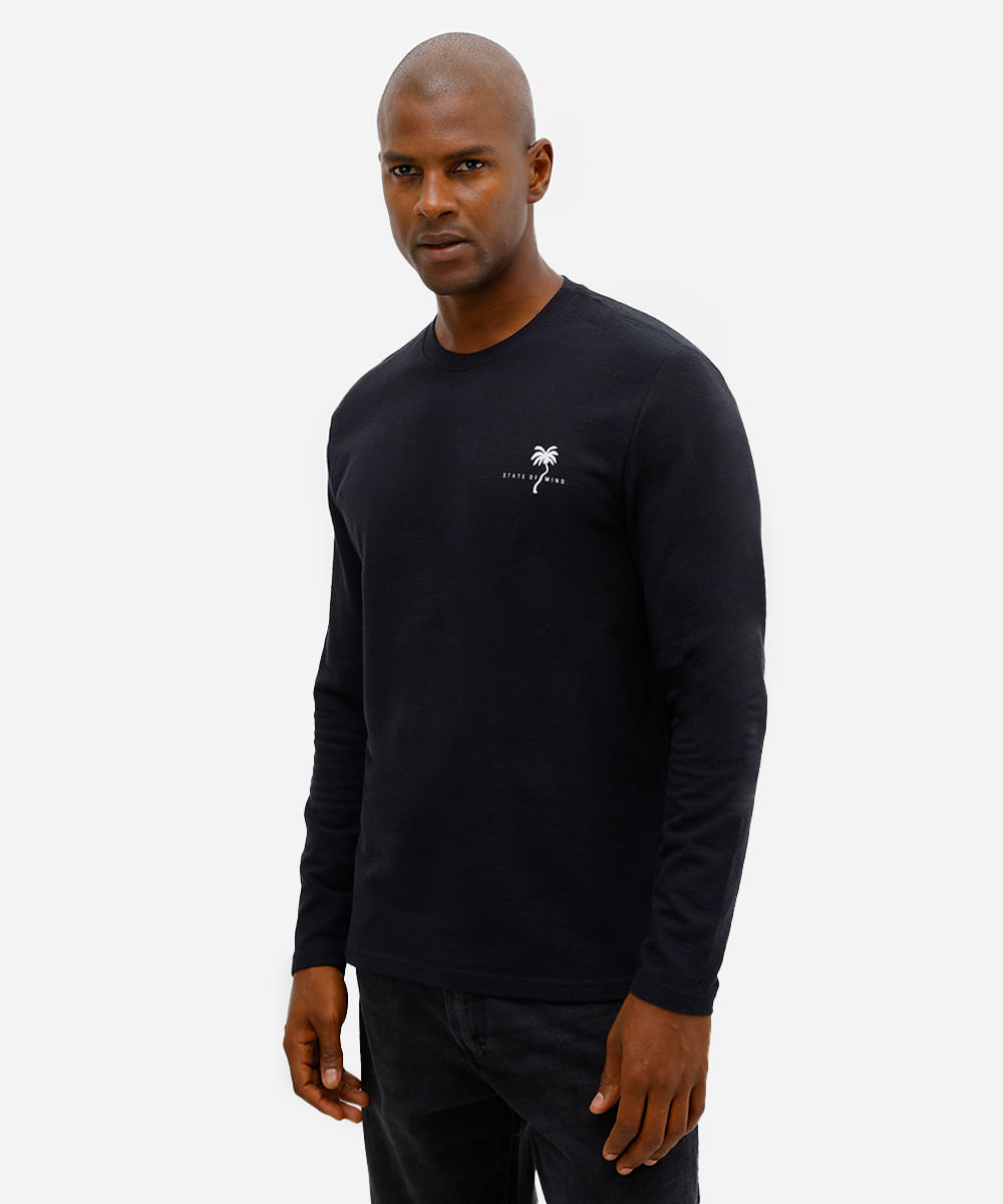 camiseta masculina de algodão texturizada estampada preta