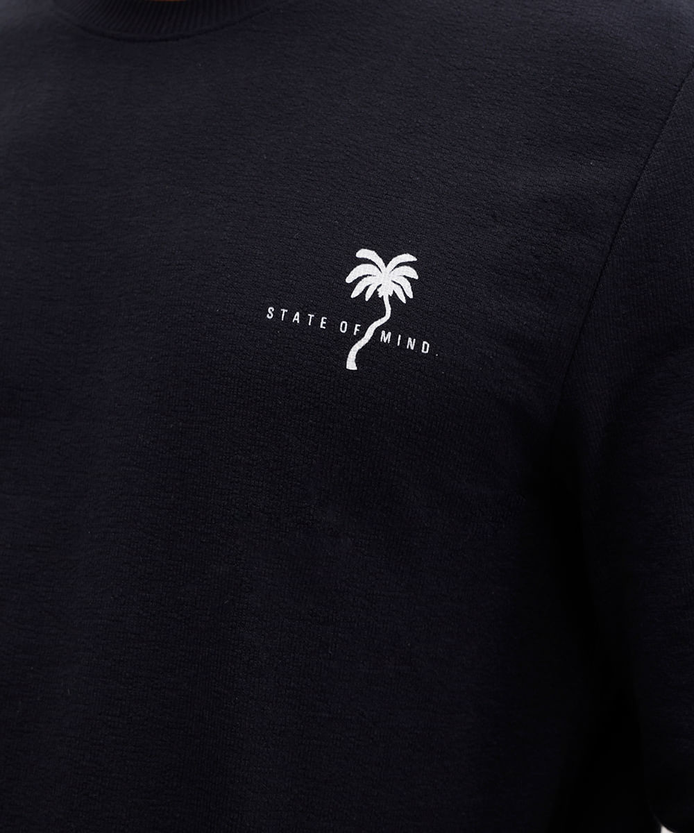 camiseta masculina de algodão texturizada estampada preta