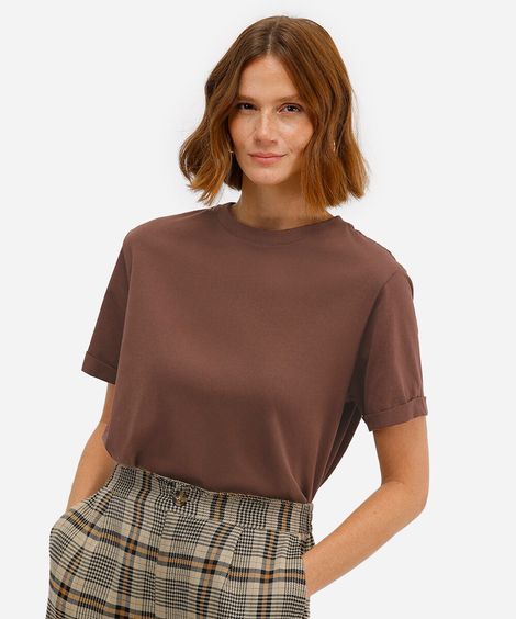 camiseta básica feminina de algodão manga curta marrom