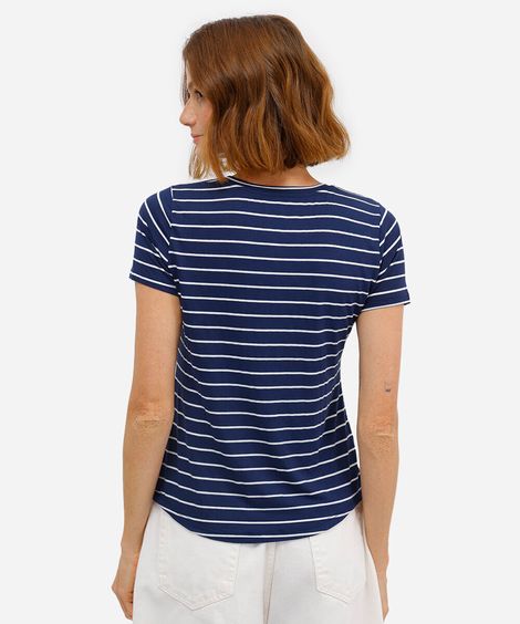 camiseta feminina básica estampada de poá manga curta decote v multicor azul