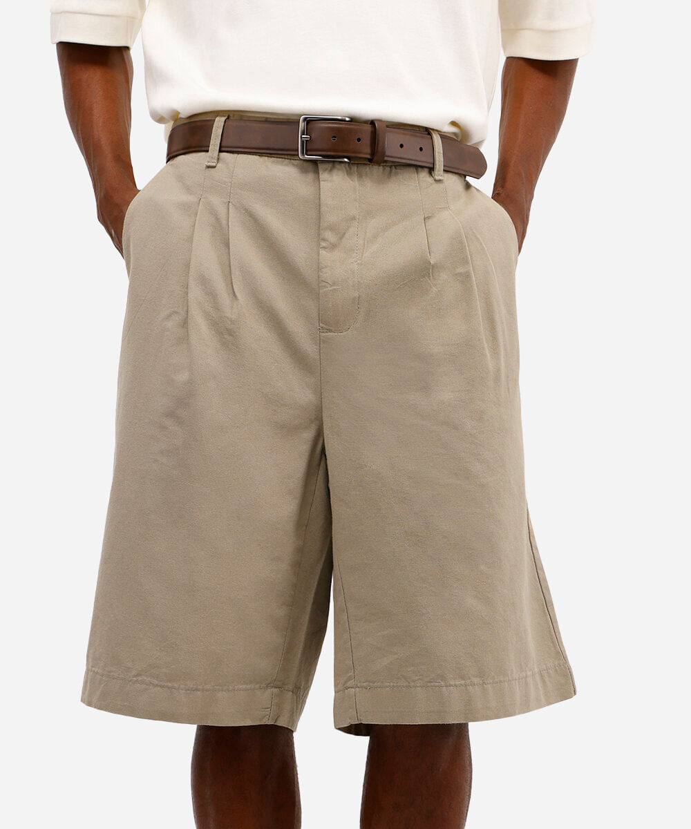bermuda baggy masculina de alfaiataria com pregas bege