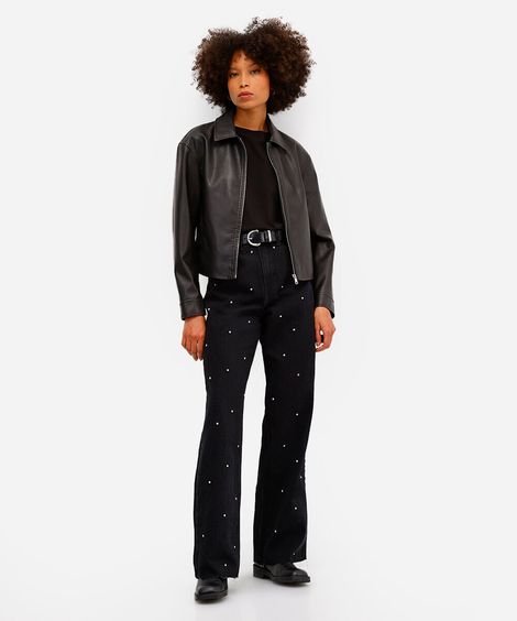 calça wide leg feminina  jeans com brilhos preta