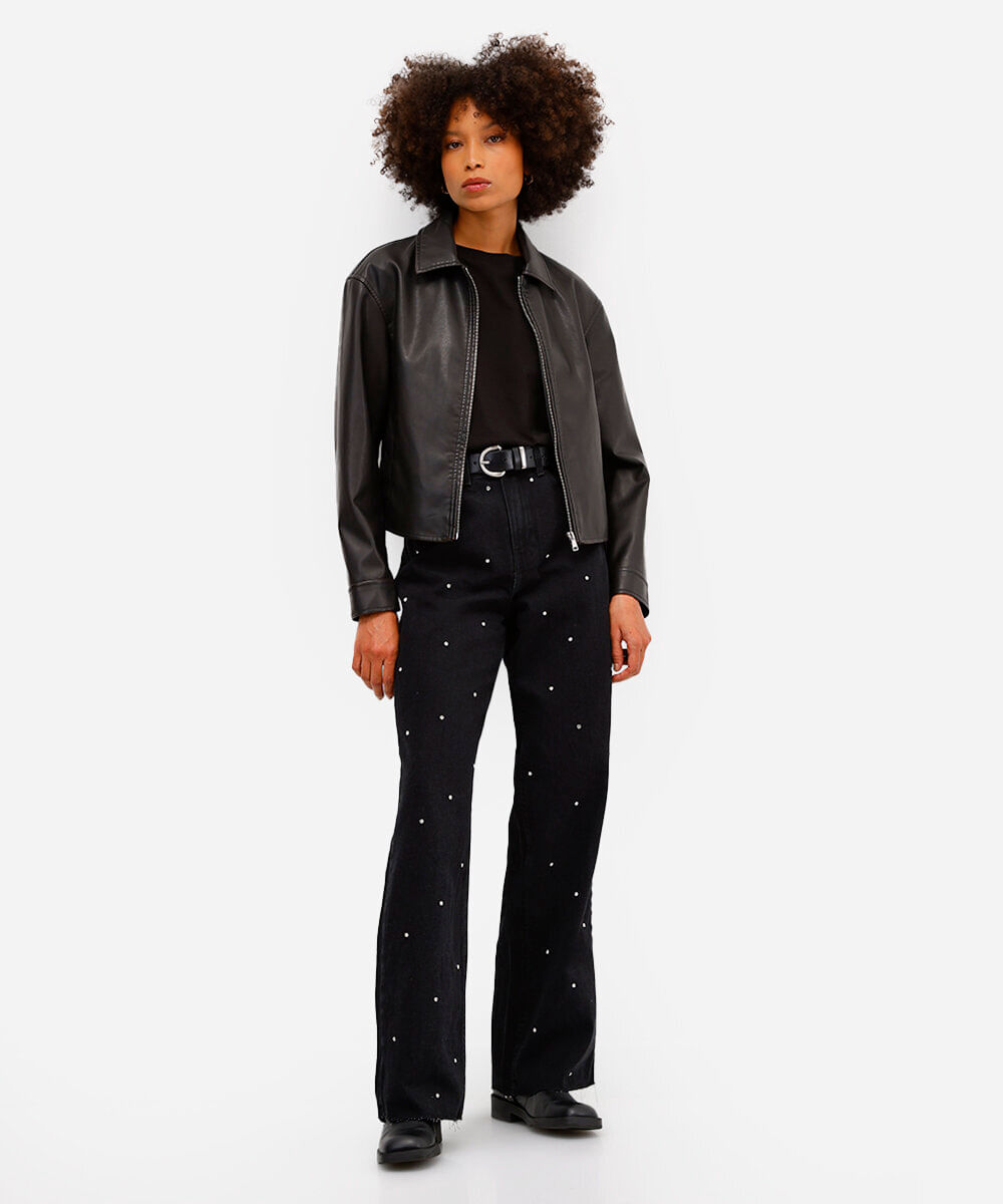 calça wide leg feminina  jeans com brilhos preta