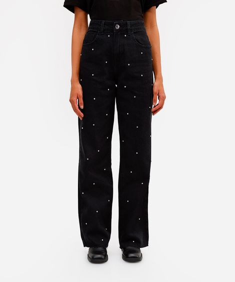 calça wide leg feminina  jeans com brilhos preta