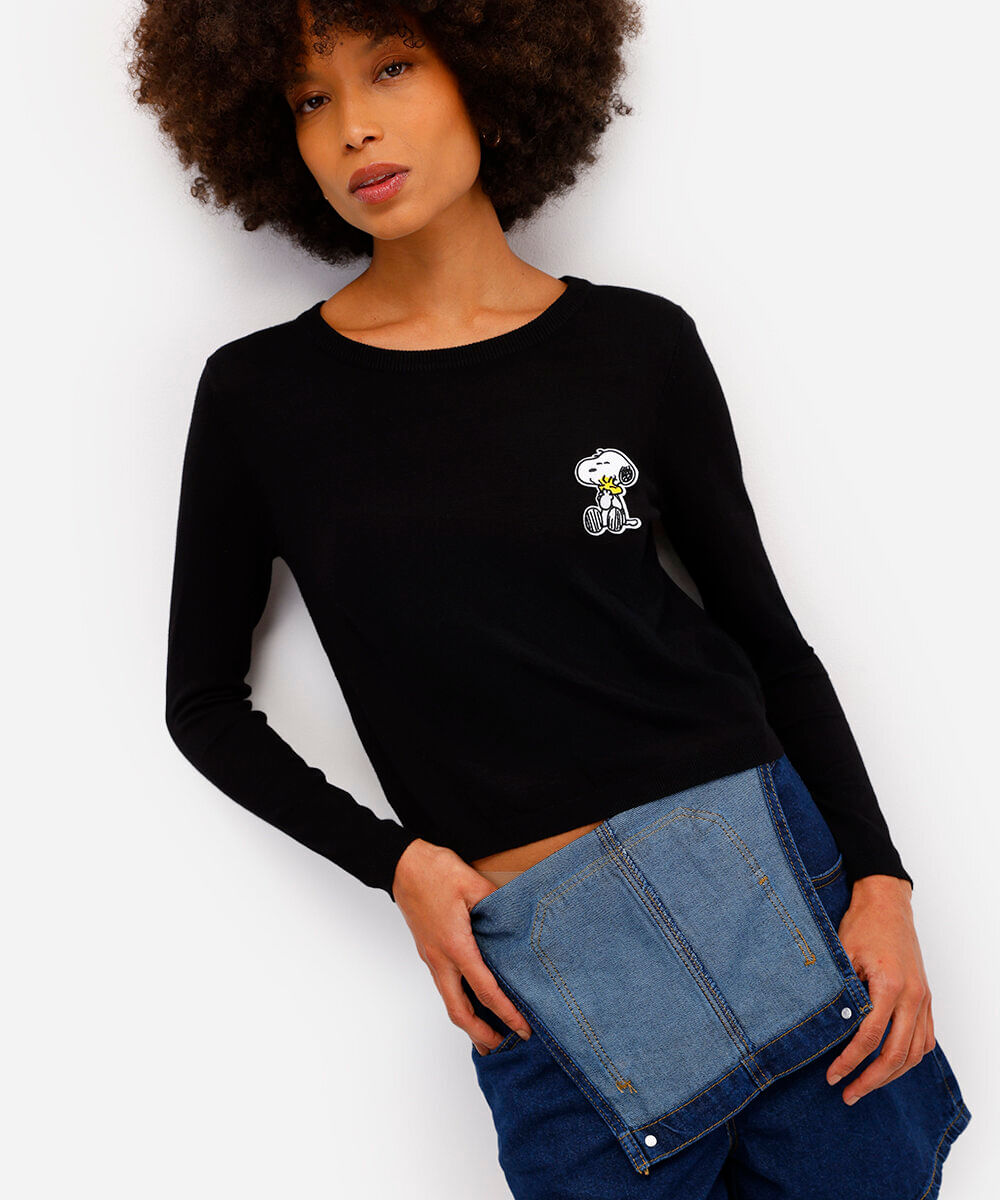 suéter feminino de tricot snoopy preto