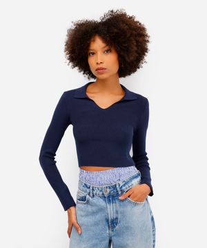 polo básica feminina de tricot manga longa azul