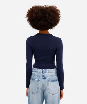 polo básica feminina de tricot manga longa azul