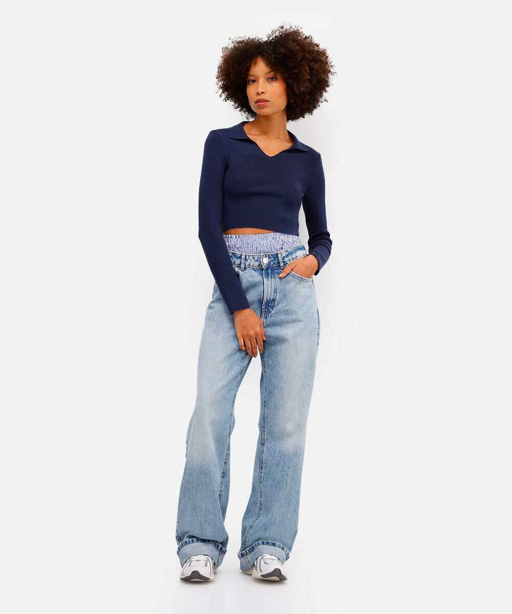 polo básica feminina de tricot manga longa azul