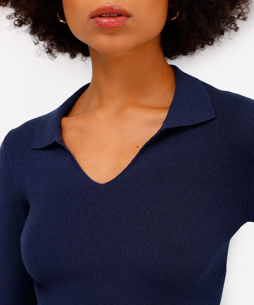 polo básica feminina de tricot manga longa azul