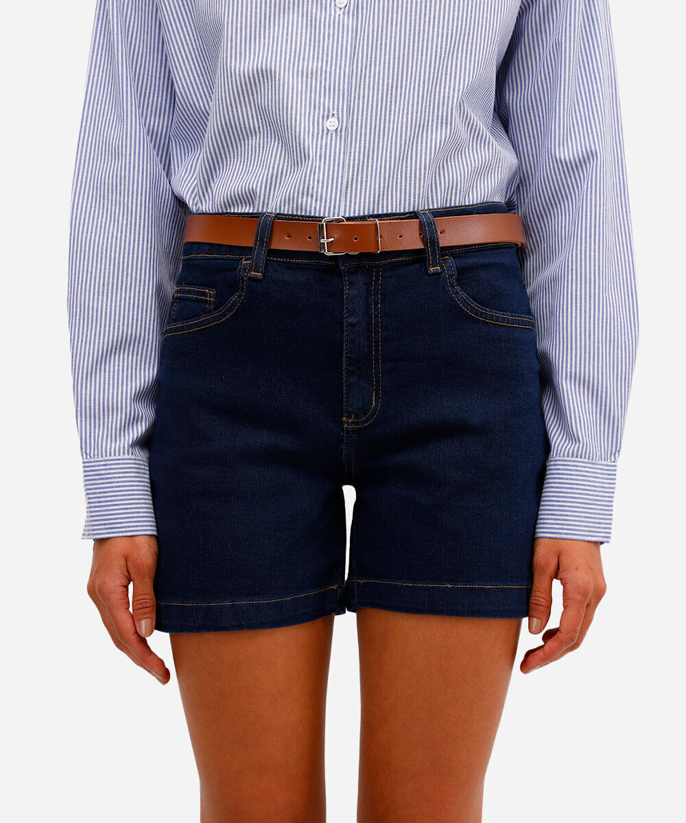 short feminino jeans com cinto azul