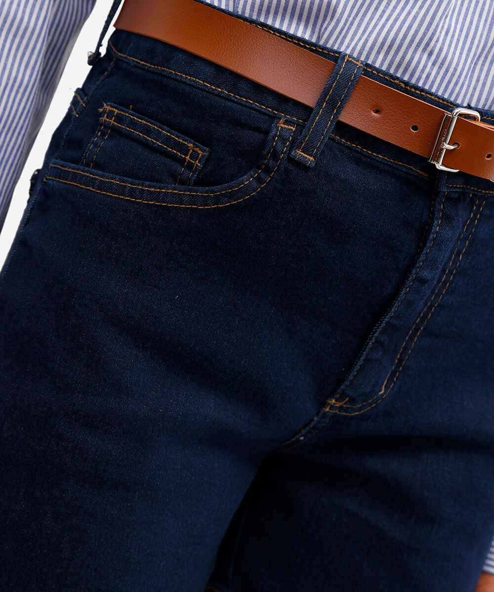 short feminino jeans com cinto azul