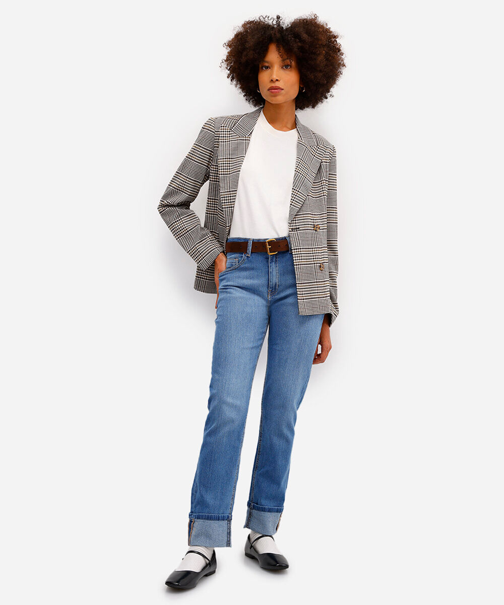 calça slim feminina jeans barra dobrada azul