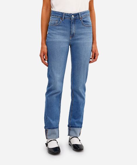 calça slim feminina jeans barra dobrada azul