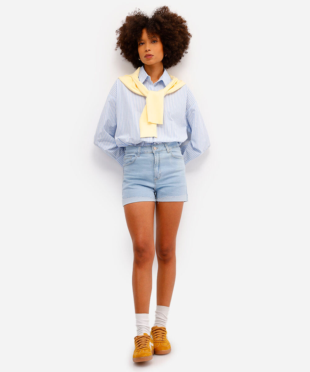 short hot pant feminino jeans cintura alta azul